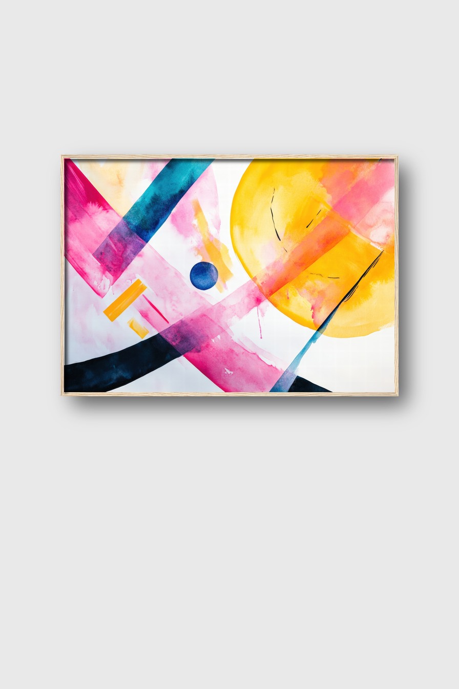 Abstraktes Poster mit farbigen Kreisen und Linien in Gelb, Pink und Blau, moderner Kunstdruck mit klaren Farbflächen