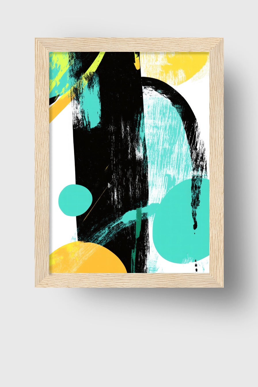 Abstraktes Poster mit Farbformen in Türkis, Gelb und Schwarz auf weißem Hintergrund, grafischer Kunstdruck