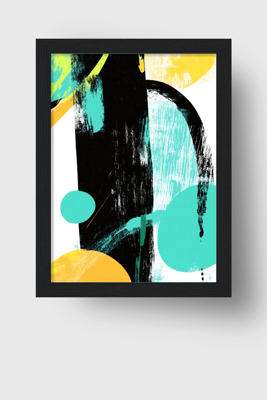 Abstraktes Poster mit Farbformen in Türkis, Gelb und Schwarz auf weißem Hintergrund, grafischer Kunstdruck