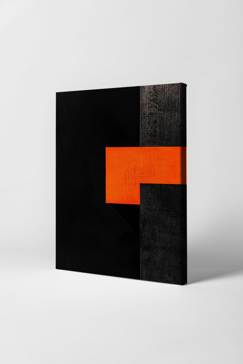 Abstrakter Kunstdruck mit rotem Rechteck und schwarzen Flächen in klarer geometrischer Anordnung als Poster