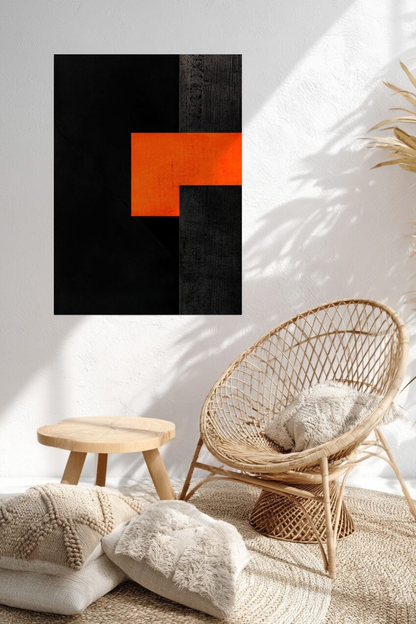 Abstrakter Kunstdruck mit rotem Rechteck und schwarzen Flächen in klarer geometrischer Anordnung als Poster