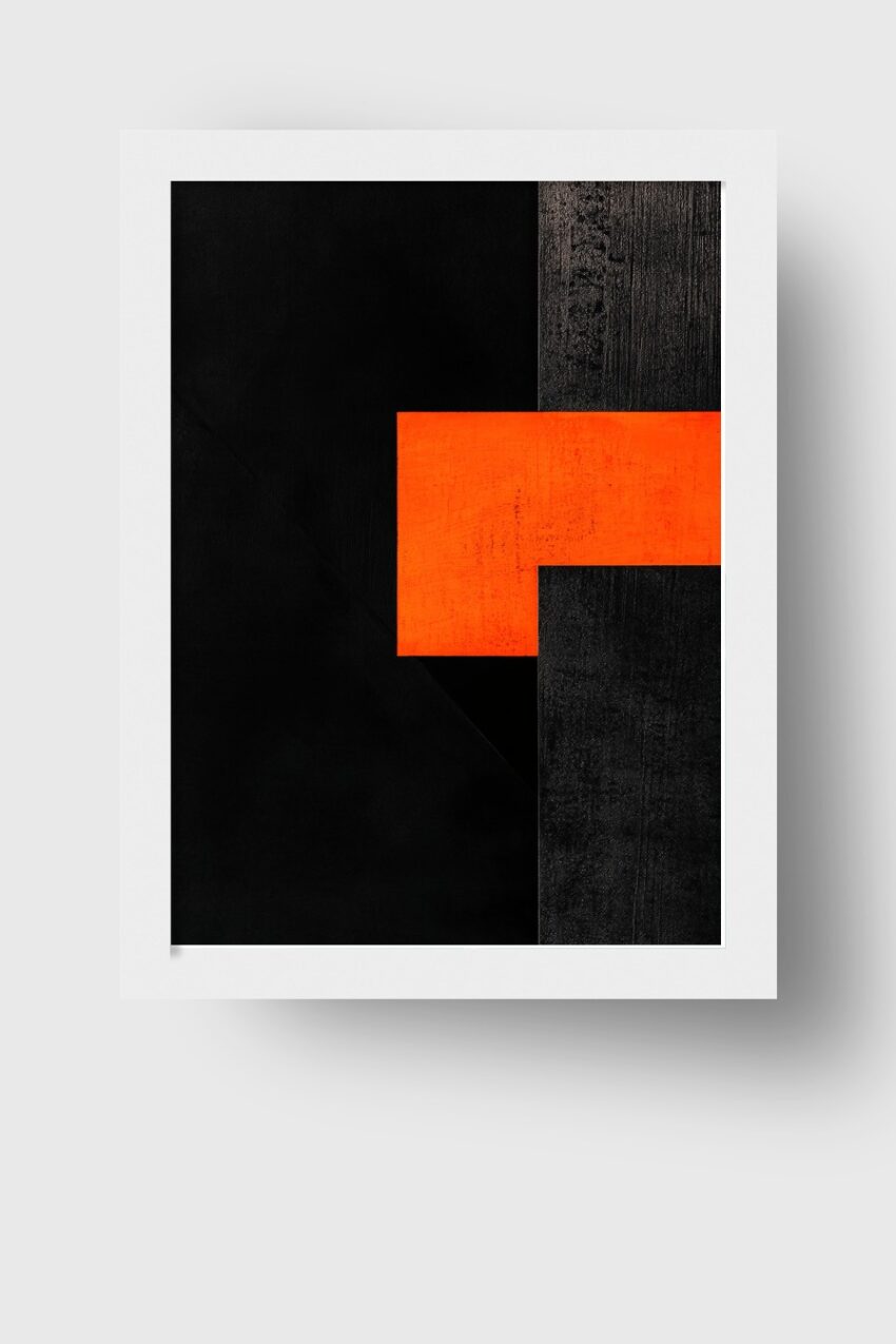 Abstrakter Kunstdruck mit rotem Rechteck und schwarzen Flächen in klarer geometrischer Anordnung als Poster