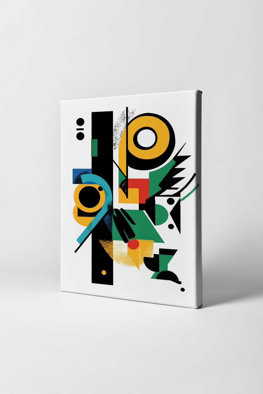 Abstraktes Poster mit geometrischen Formen in Schwarz, Gelb, Grün und Blau auf weißem Hintergrund als moderner Kunstdruck