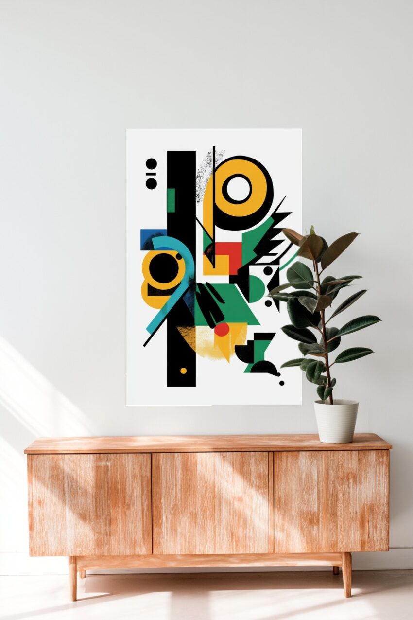 Abstraktes Poster mit geometrischen Formen in Schwarz, Gelb, Grün und Blau auf weißem Hintergrund als moderner Kunstdruck