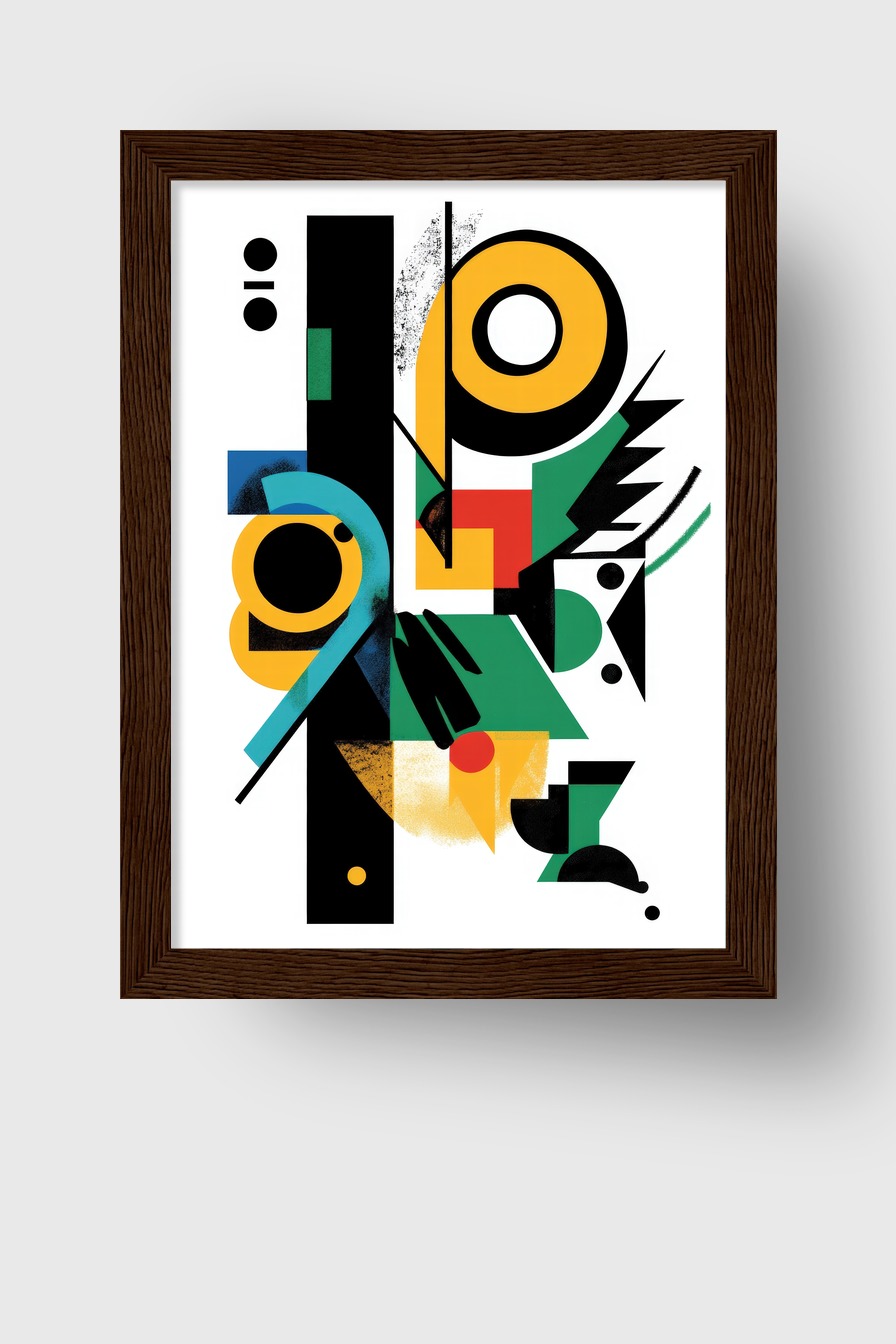 Abstraktes Poster mit geometrischen Formen in Schwarz, Gelb, Grün und Blau auf weißem Hintergrund als moderner Kunstdruck