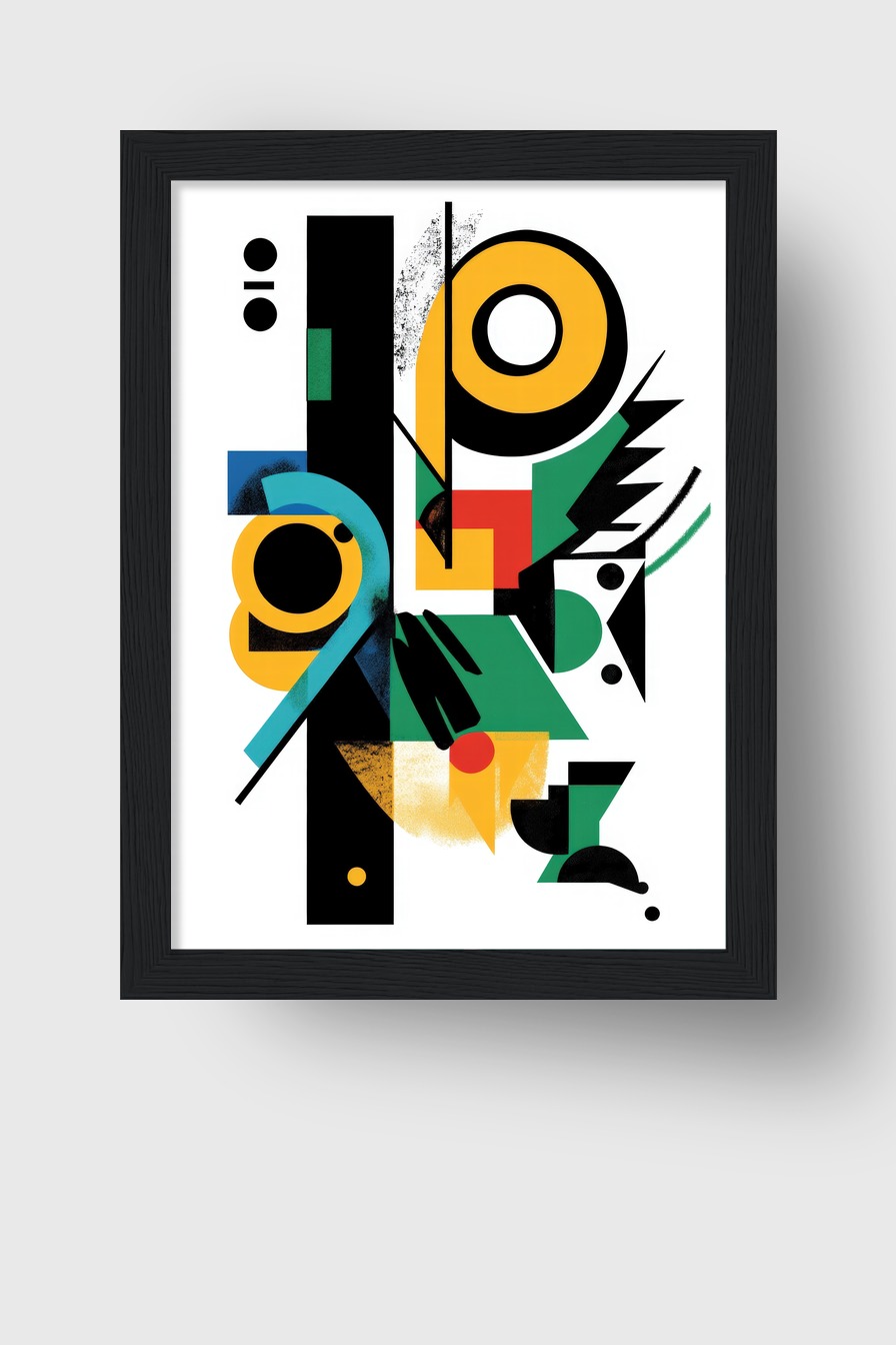 Abstraktes Poster mit geometrischen Formen in Schwarz, Gelb, Grün und Blau auf weißem Hintergrund als moderner Kunstdruck