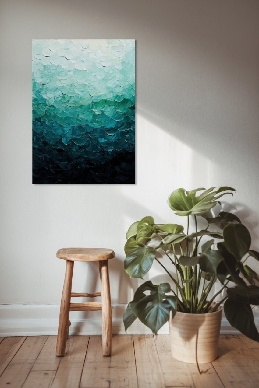 Abstraktes Poster mit strukturierten Farbverläufen in Blau- und Grüntönen, dichter Farbauftrag, moderner Kunstdruck