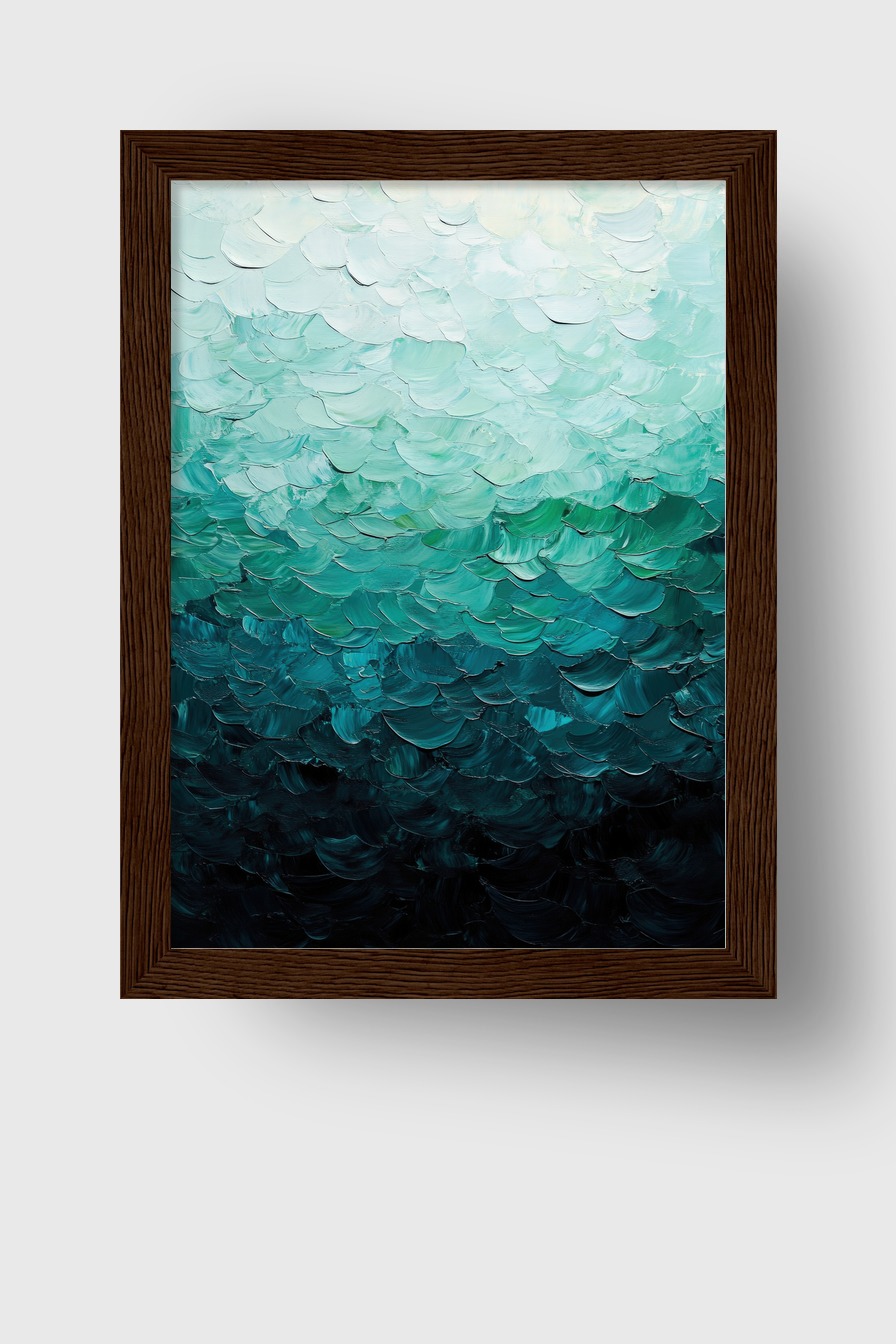 Abstraktes Poster mit strukturierten Farbverläufen in Blau- und Grüntönen, dichter Farbauftrag, moderner Kunstdruck