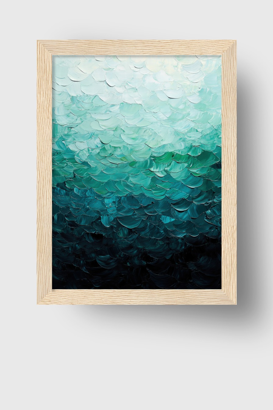 Abstraktes Poster mit strukturierten Farbverläufen in Blau- und Grüntönen, dichter Farbauftrag, moderner Kunstdruck