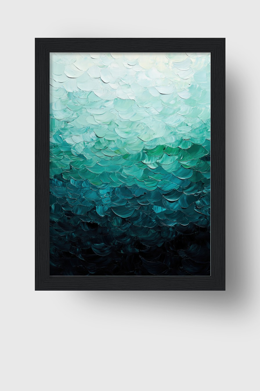 Abstraktes Poster mit strukturierten Farbverläufen in Blau- und Grüntönen, dichter Farbauftrag, moderner Kunstdruck