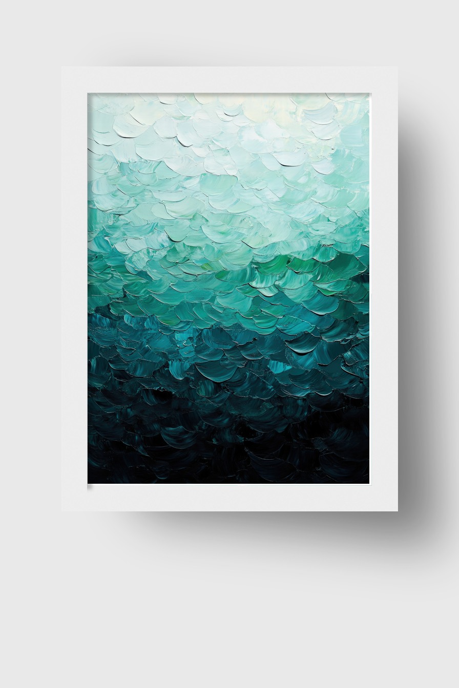 Abstraktes Poster mit strukturierten Farbverläufen in Blau- und Grüntönen, dichter Farbauftrag, moderner Kunstdruck