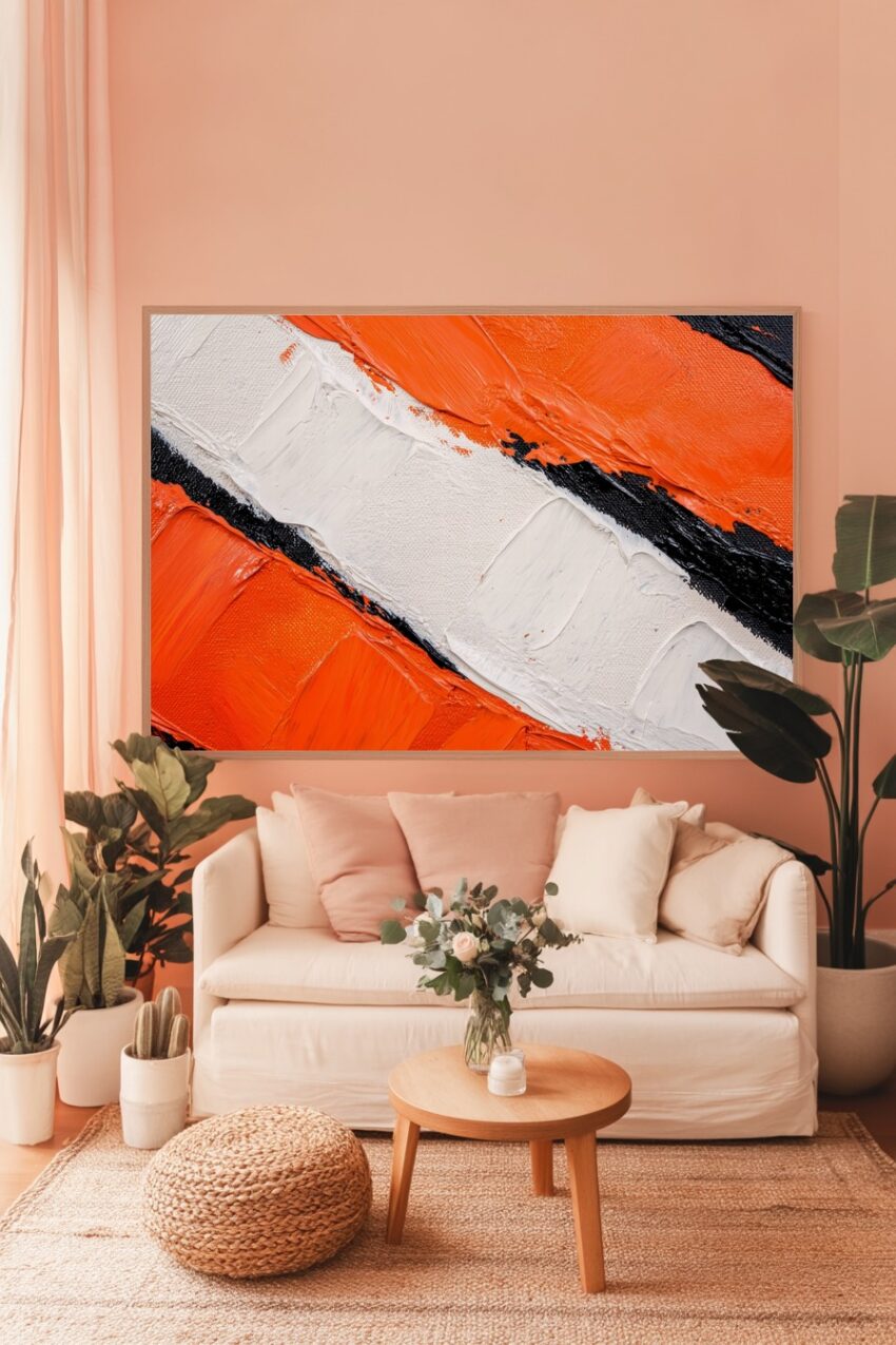 Abstrakter Kunstdruck mit breiten Farbstreifen in Orange, Weiß und Schwarz, Poster in moderner Gestaltung