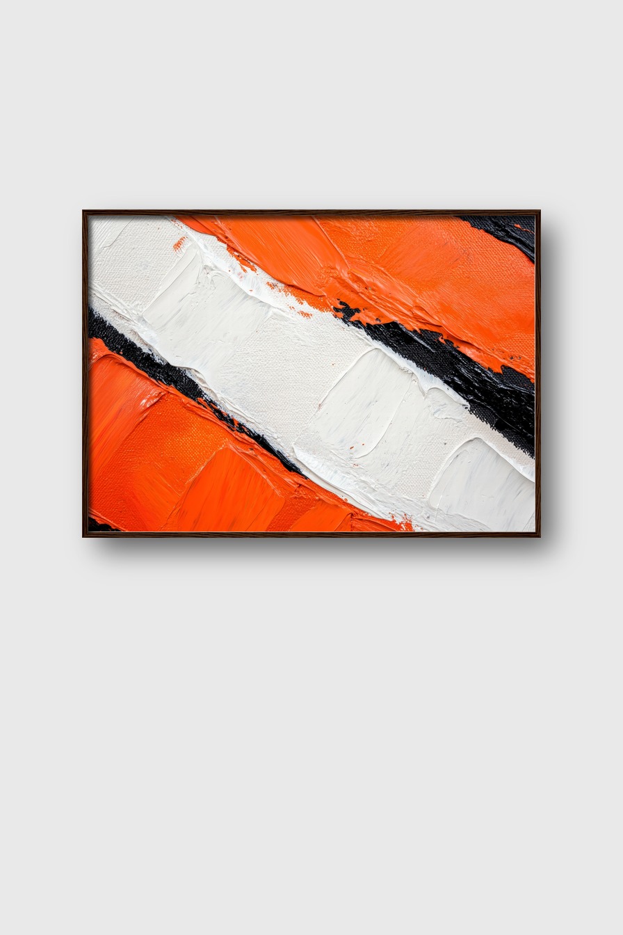 Abstrakter Kunstdruck mit breiten Farbstreifen in Orange, Weiß und Schwarz, Poster in moderner Gestaltung