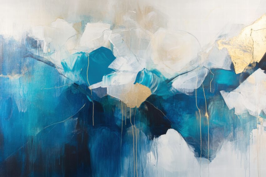 Abstrakter Kunstdruck mit blauen, weißen und goldenen Farbfeldern, die eine Berglandschaft stilisiert darstellen, Poster für moderne Wohnräume