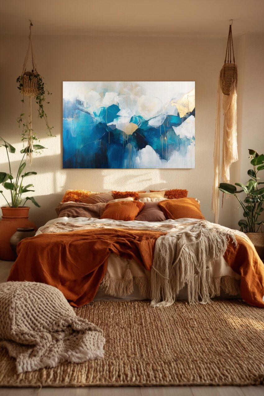 Abstrakter Kunstdruck mit blauen, weißen und goldenen Farbfeldern, die eine Berglandschaft stilisiert darstellen, Poster für moderne Wohnräume