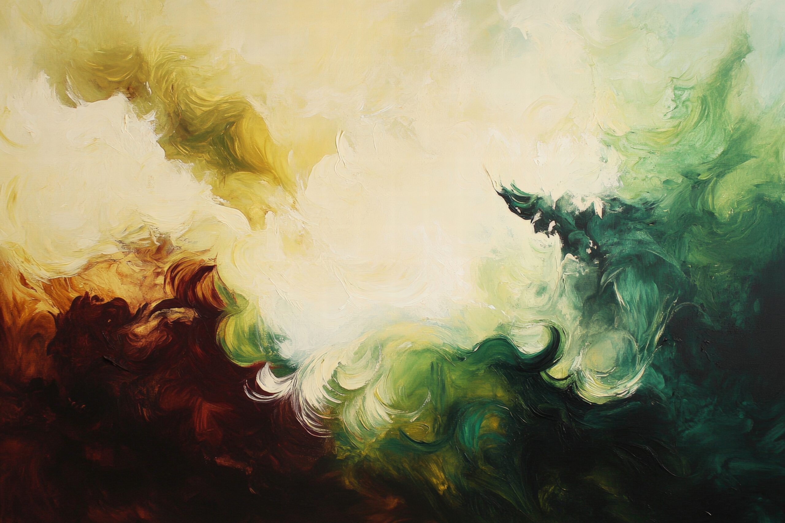 Abstrakter Kunstdruck Poster mit fließenden Farbverläufen in Grün, Braun und Creme, abstrakte Farbwolken in weichen Formen