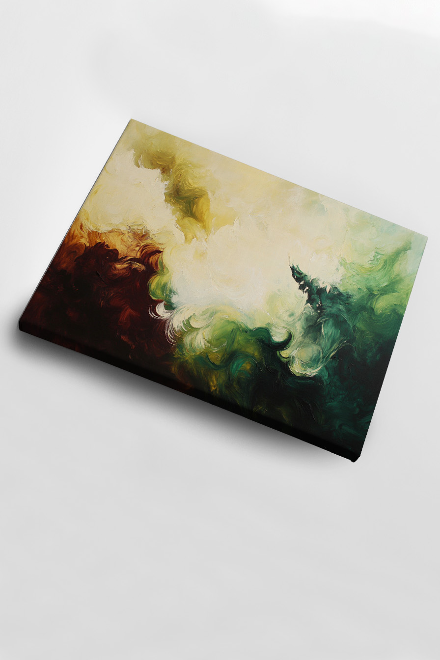 Abstrakter Kunstdruck Poster mit fließenden Farbverläufen in Grün, Braun und Creme, abstrakte Farbwolken in weichen Formen