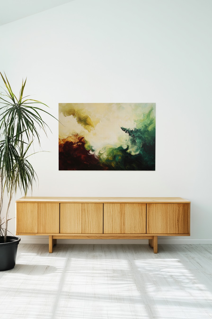 Abstrakter Kunstdruck Poster mit fließenden Farbverläufen in Grün, Braun und Creme, abstrakte Farbwolken in weichen Formen