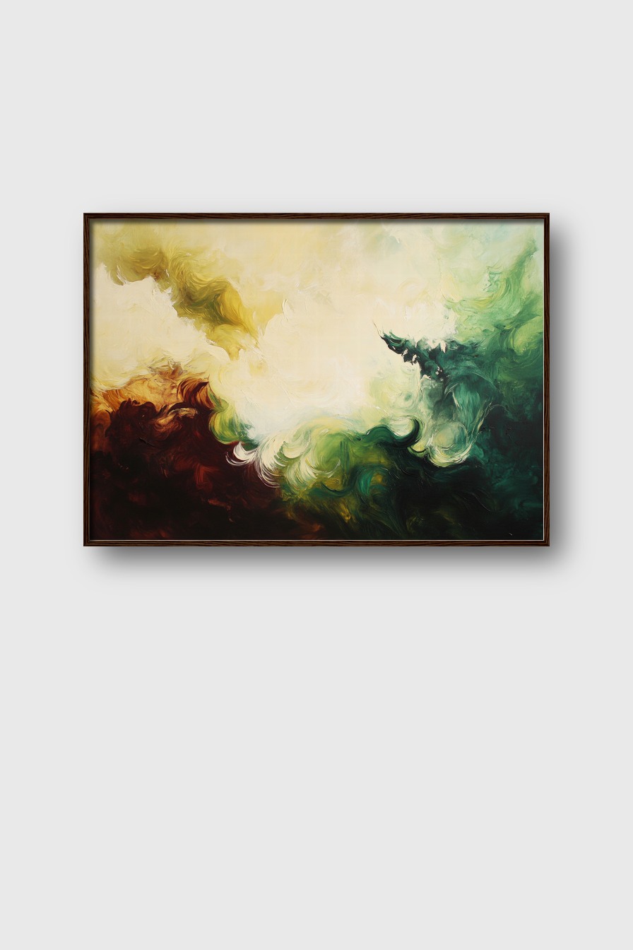 Abstrakter Kunstdruck Poster mit fließenden Farbverläufen in Grün, Braun und Creme, abstrakte Farbwolken in weichen Formen