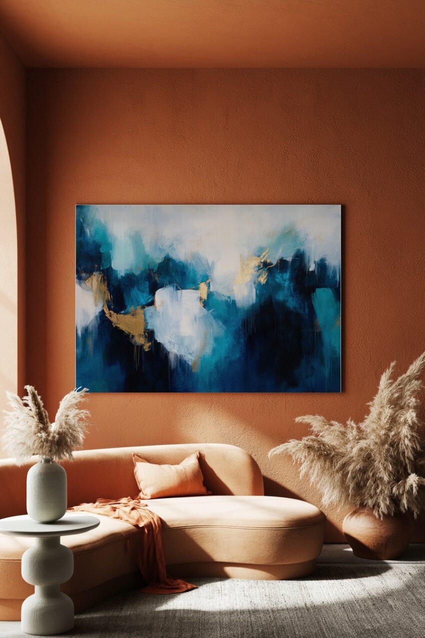 Abstraktes Poster mit blau-weißen Farbflächen und goldenen Akzenten, moderner Kunstdruck mit strukturierter Farbgestaltung