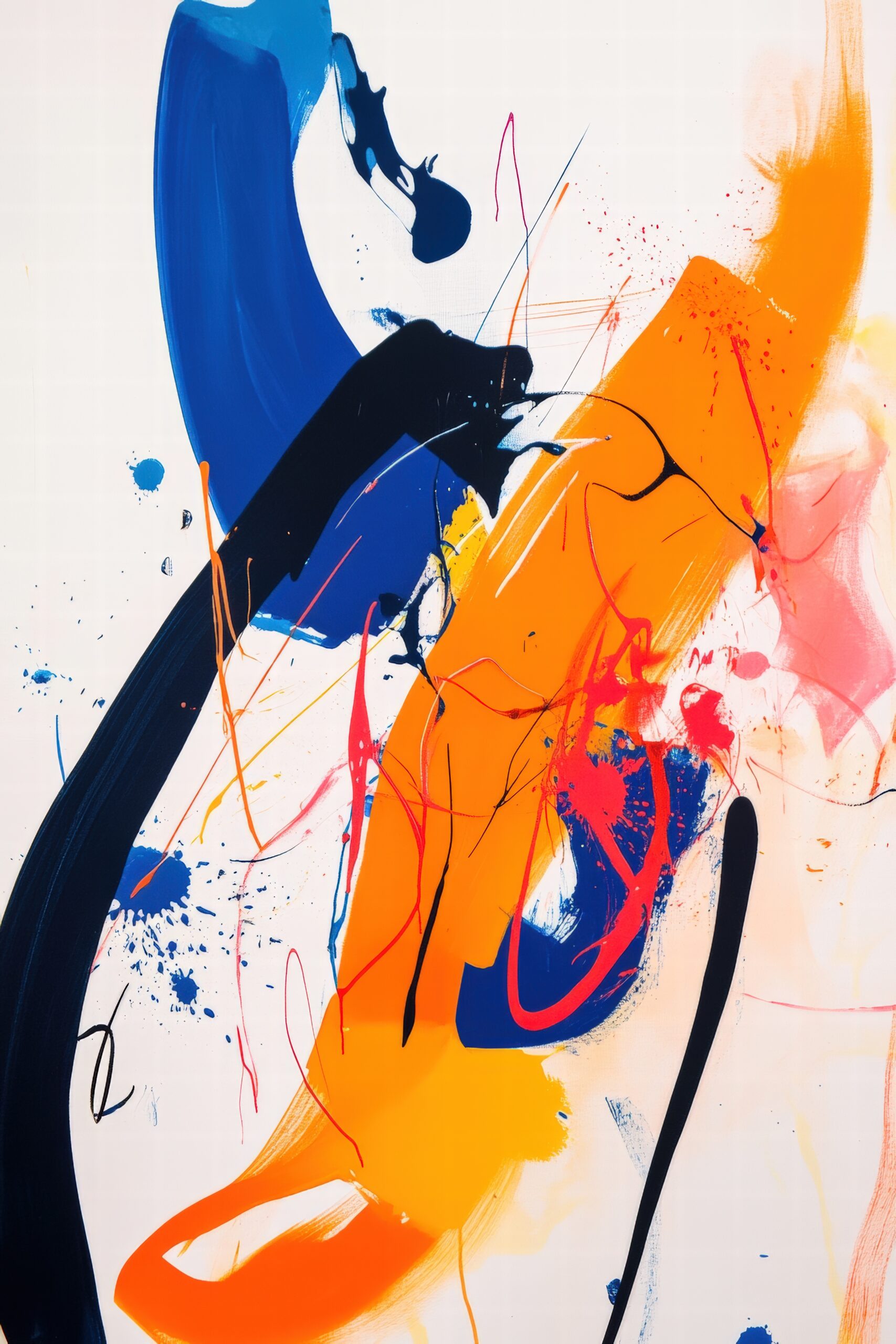 Abstraktes Poster mit kräftigen Farbstrichen in Orange und Blau, moderner Kunstdruck mit klaren Formen und Kontrasten