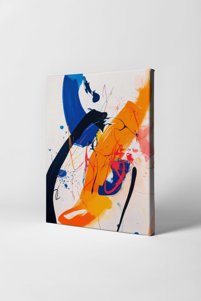 Abstraktes Poster mit kräftigen Farbstrichen in Orange und Blau, moderner Kunstdruck mit klaren Formen und Kontrasten