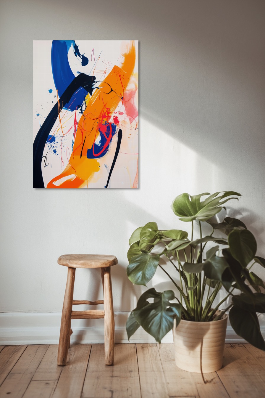 Abstraktes Poster mit kräftigen Farbstrichen in Orange und Blau, moderner Kunstdruck mit klaren Formen und Kontrasten