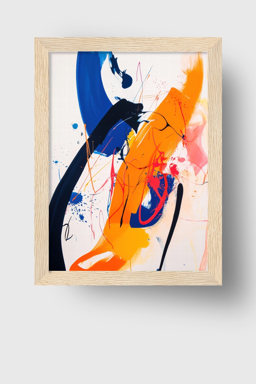 Abstraktes Poster mit kräftigen Farbstrichen in Orange und Blau, moderner Kunstdruck mit klaren Formen und Kontrasten