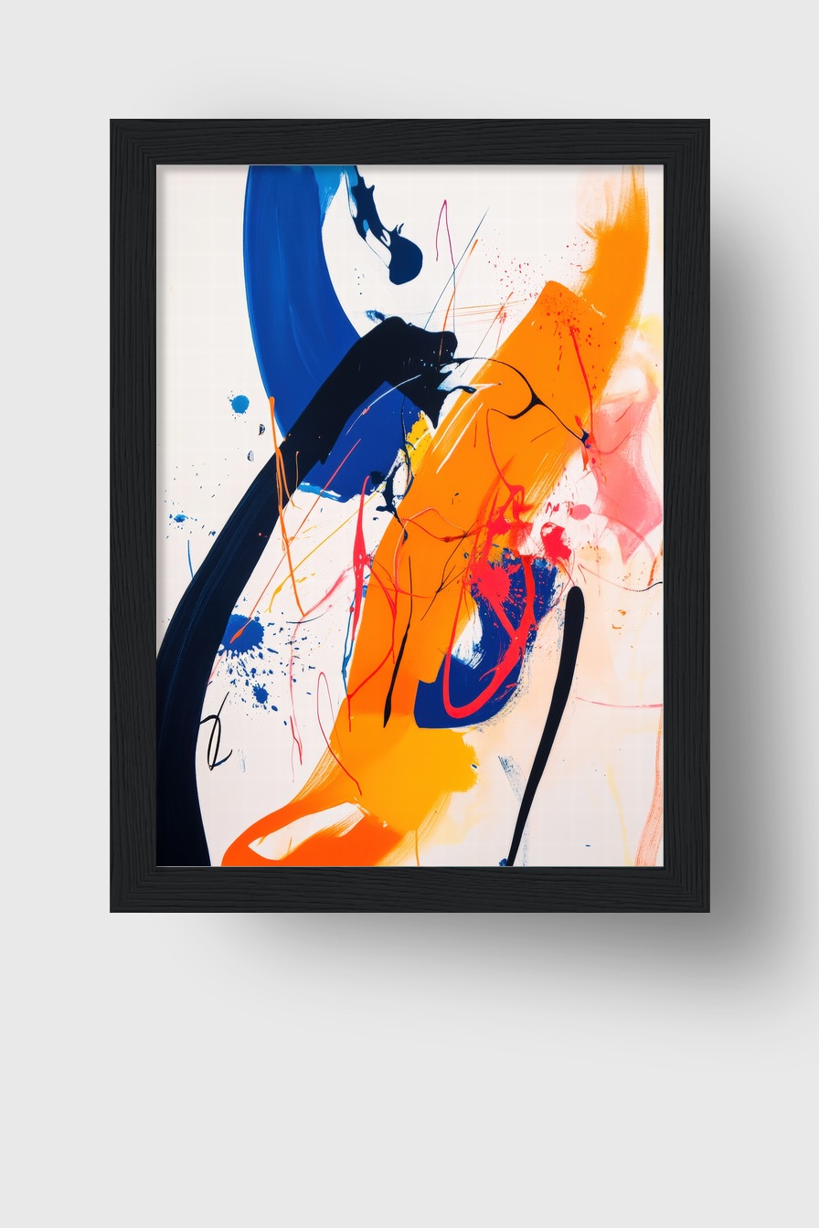 Abstraktes Poster mit kräftigen Farbstrichen in Orange und Blau, moderner Kunstdruck mit klaren Formen und Kontrasten