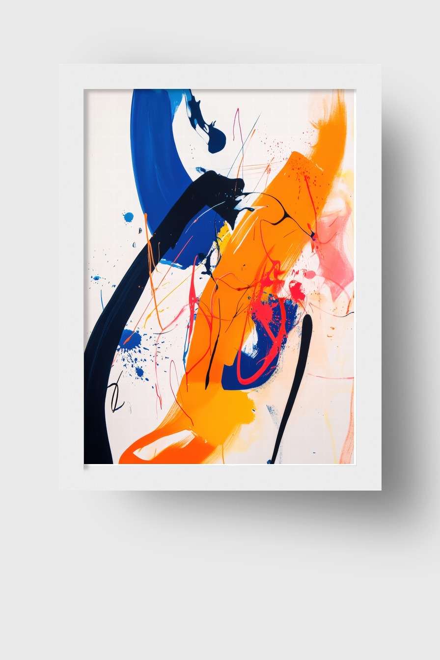 Abstraktes Poster mit kräftigen Farbstrichen in Orange und Blau, moderner Kunstdruck mit klaren Formen und Kontrasten