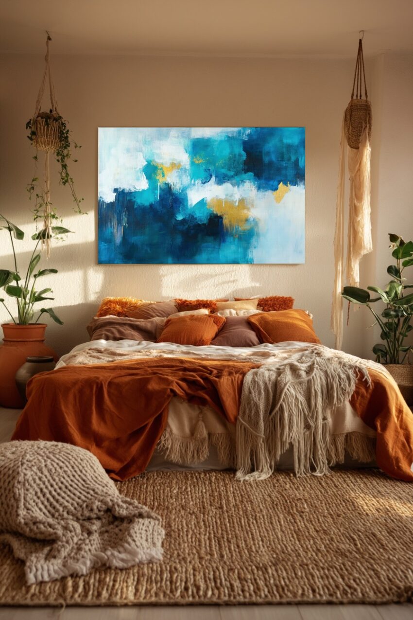 Abstraktes Poster mit Farbschichten in Blau und Gold, klar strukturierte Farbflächen in kräftigen Farben auf halbmattem Papier