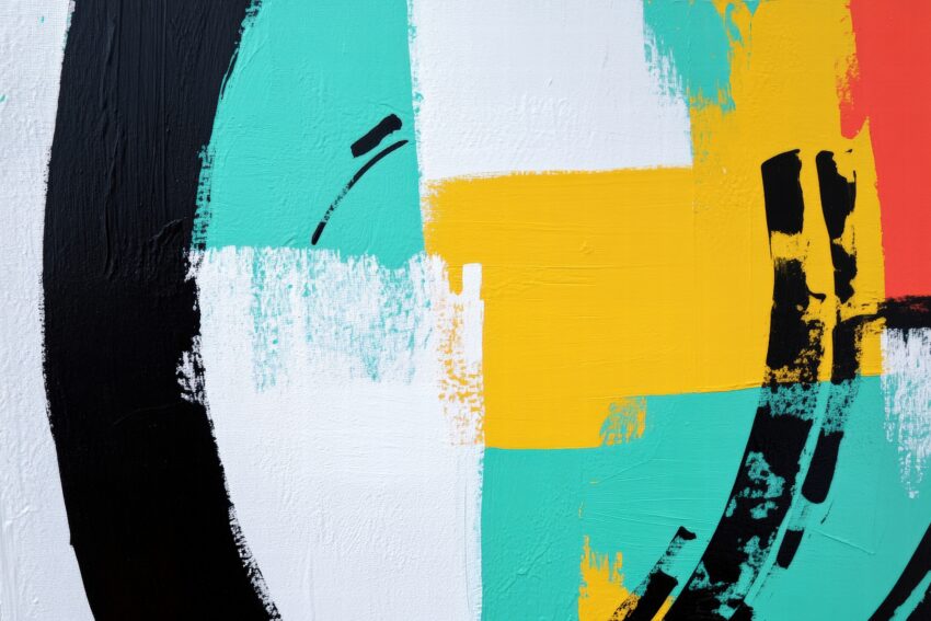 Abstraktes Poster mit Farbflächen in Türkis, Gelb und Schwarz, moderne geometrische Komposition auf mattem Papier