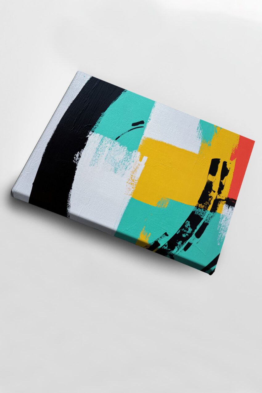 Abstraktes Poster mit Farbflächen in Türkis, Gelb und Schwarz, moderne geometrische Komposition auf mattem Papier