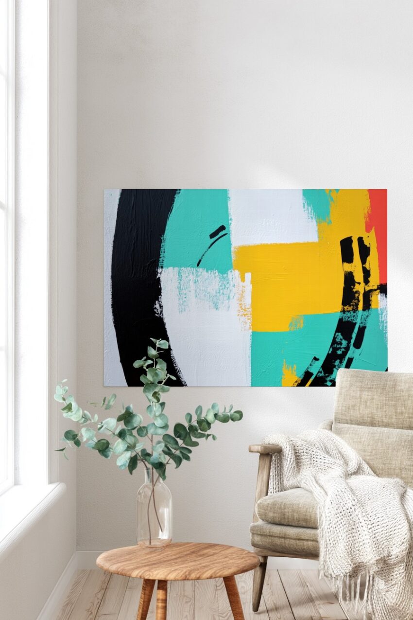 Abstraktes Poster mit Farbflächen in Türkis, Gelb und Schwarz, moderne geometrische Komposition auf mattem Papier