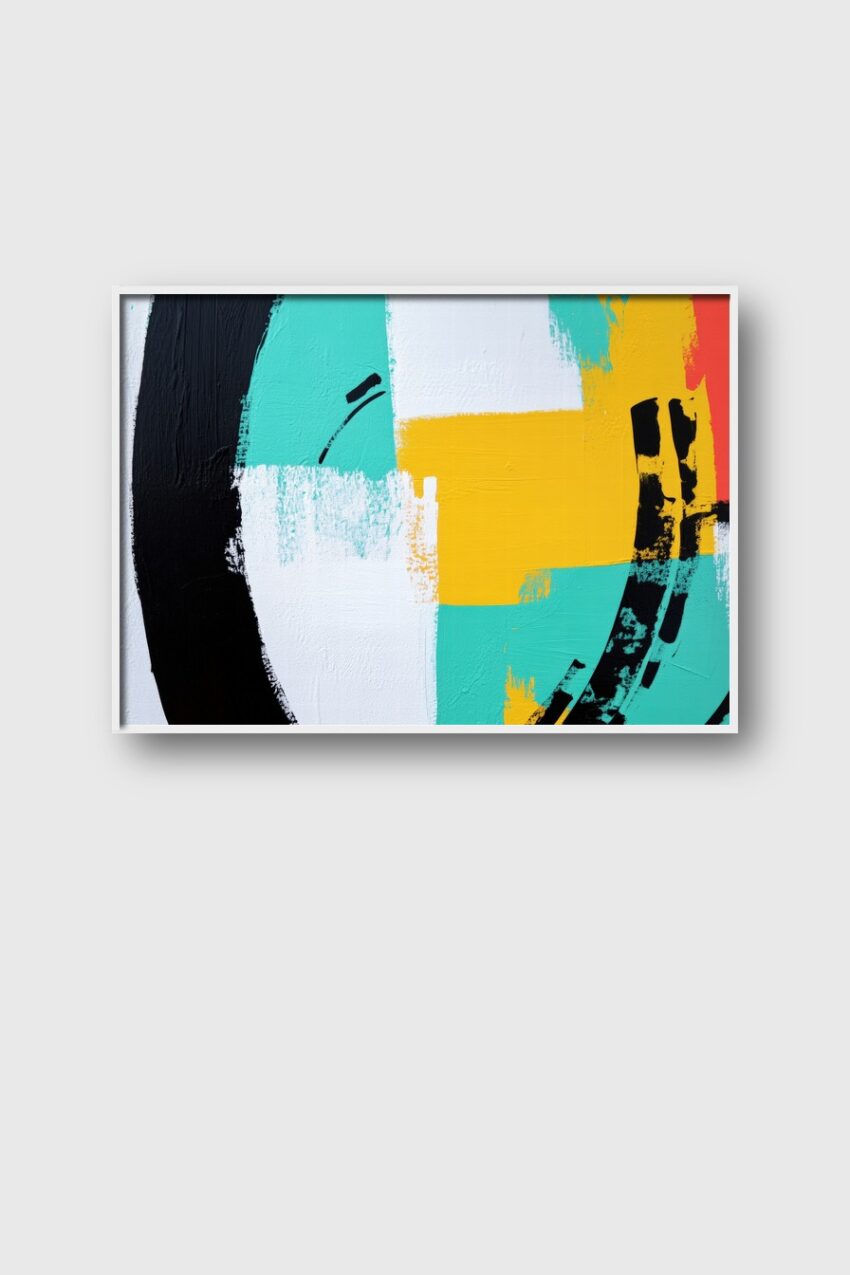 Abstraktes Poster mit Farbflächen in Türkis, Gelb und Schwarz, moderne geometrische Komposition auf mattem Papier