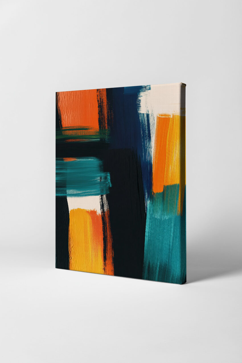 Abstrakter Kunstdruck mit kräftigen Farbblöcken in Orange, Blau und Türkis als Poster auf halbmattem Papier