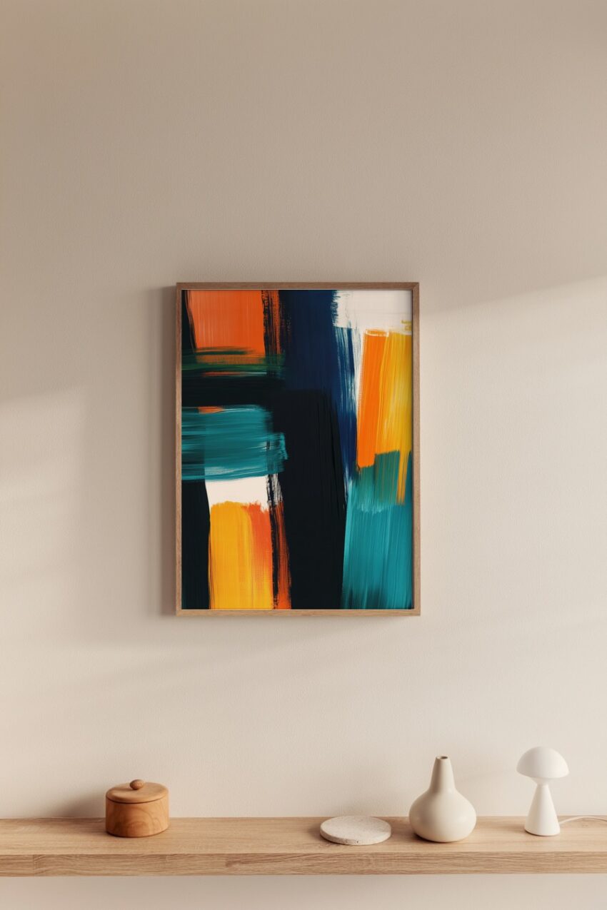 Abstrakter Kunstdruck mit kräftigen Farbblöcken in Orange, Blau und Türkis als Poster auf halbmattem Papier