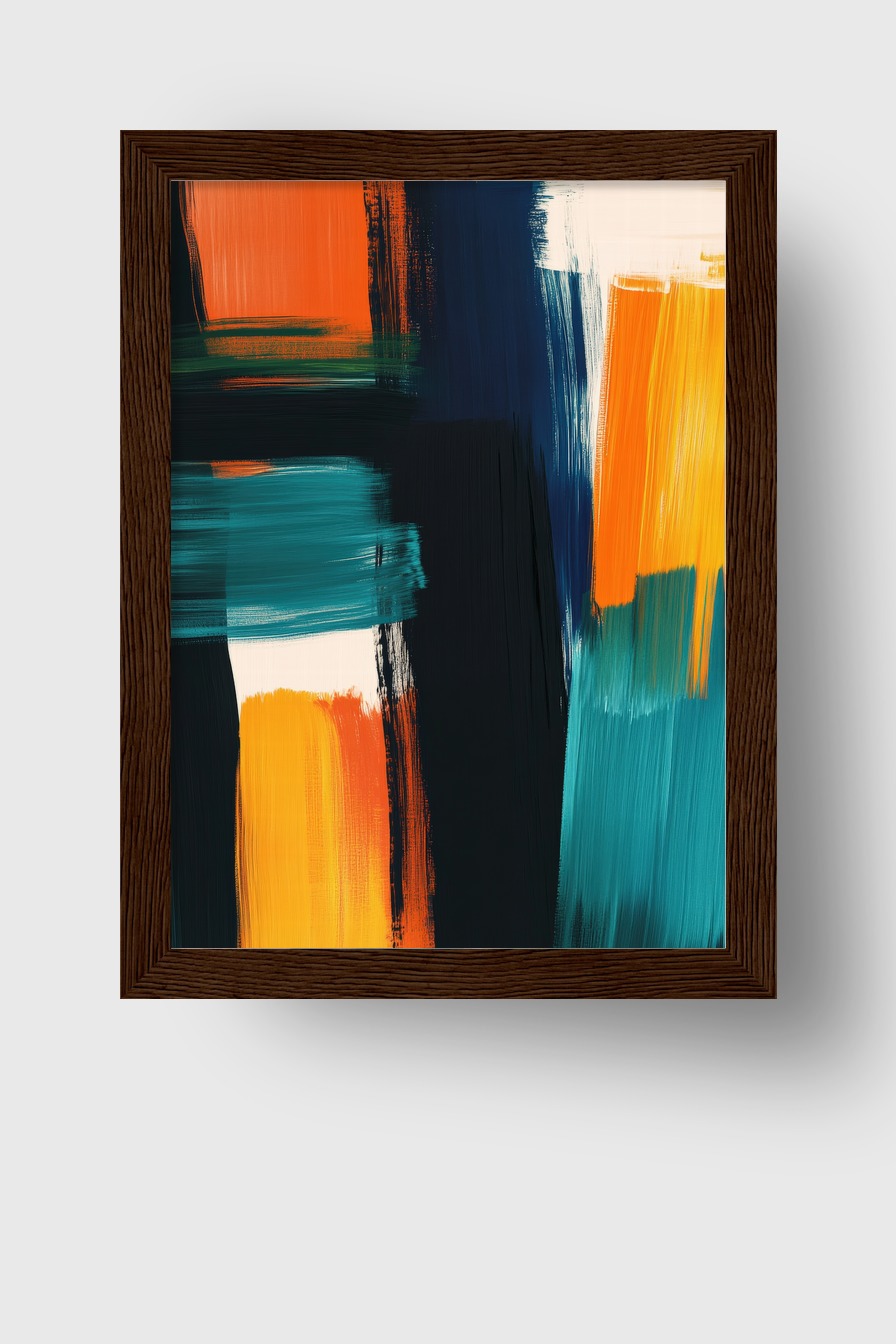 Abstrakter Kunstdruck mit kräftigen Farbblöcken in Orange, Blau und Türkis als Poster auf halbmattem Papier