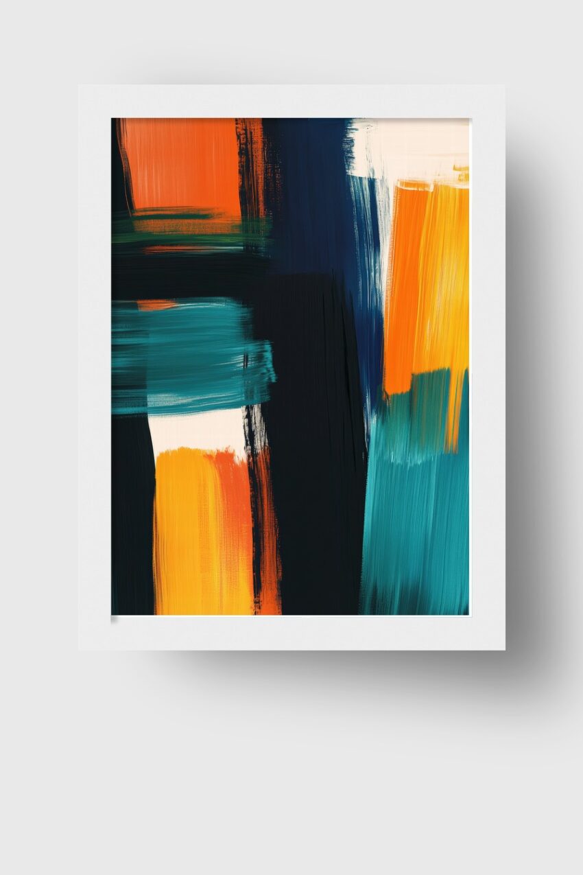 Abstrakter Kunstdruck mit kräftigen Farbblöcken in Orange, Blau und Türkis als Poster auf halbmattem Papier