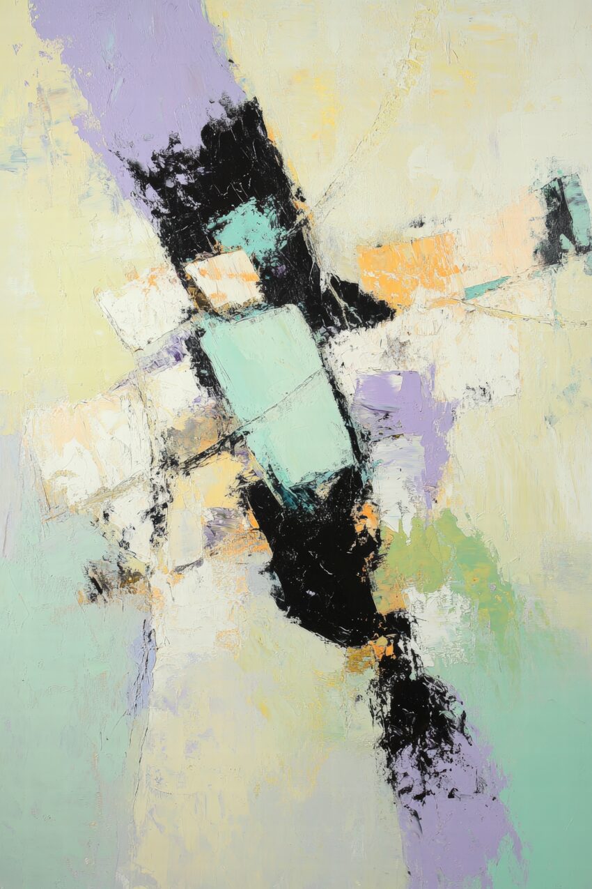 Abstrakter Kunstdruck mit pastellfarbenen Flächen und schwarzen Konturen auf Halbmattem Papier als Poster