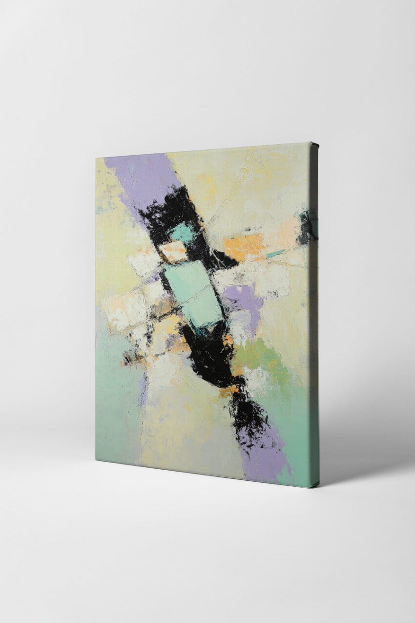 Abstrakter Kunstdruck mit pastellfarbenen Flächen und schwarzen Konturen auf Halbmattem Papier als Poster