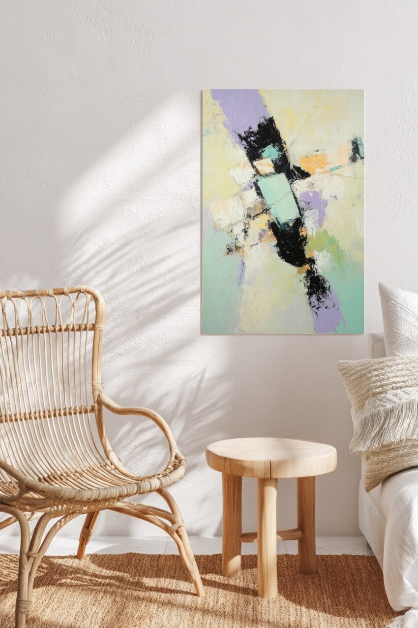 Abstrakter Kunstdruck mit pastellfarbenen Flächen und schwarzen Konturen auf Halbmattem Papier als Poster