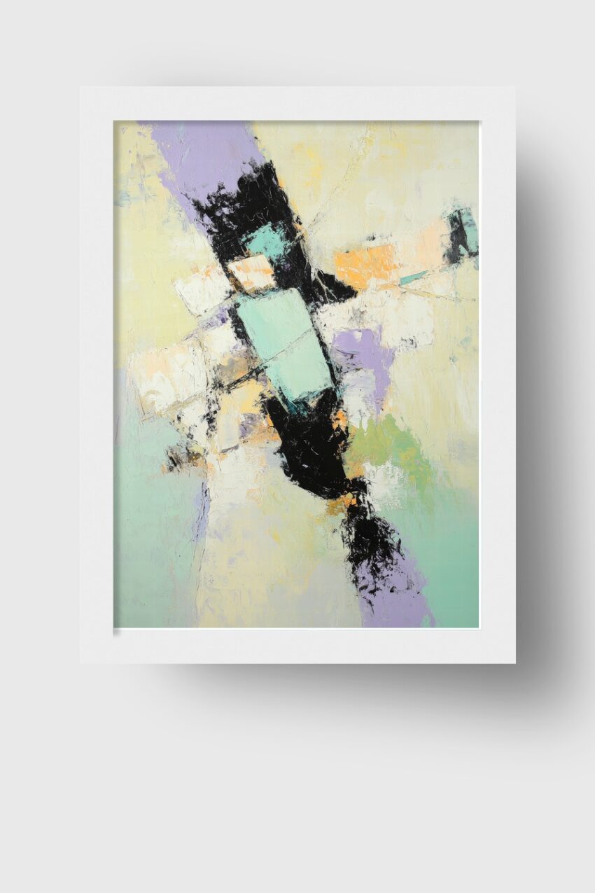 Abstrakter Kunstdruck mit pastellfarbenen Flächen und schwarzen Konturen auf Halbmattem Papier als Poster