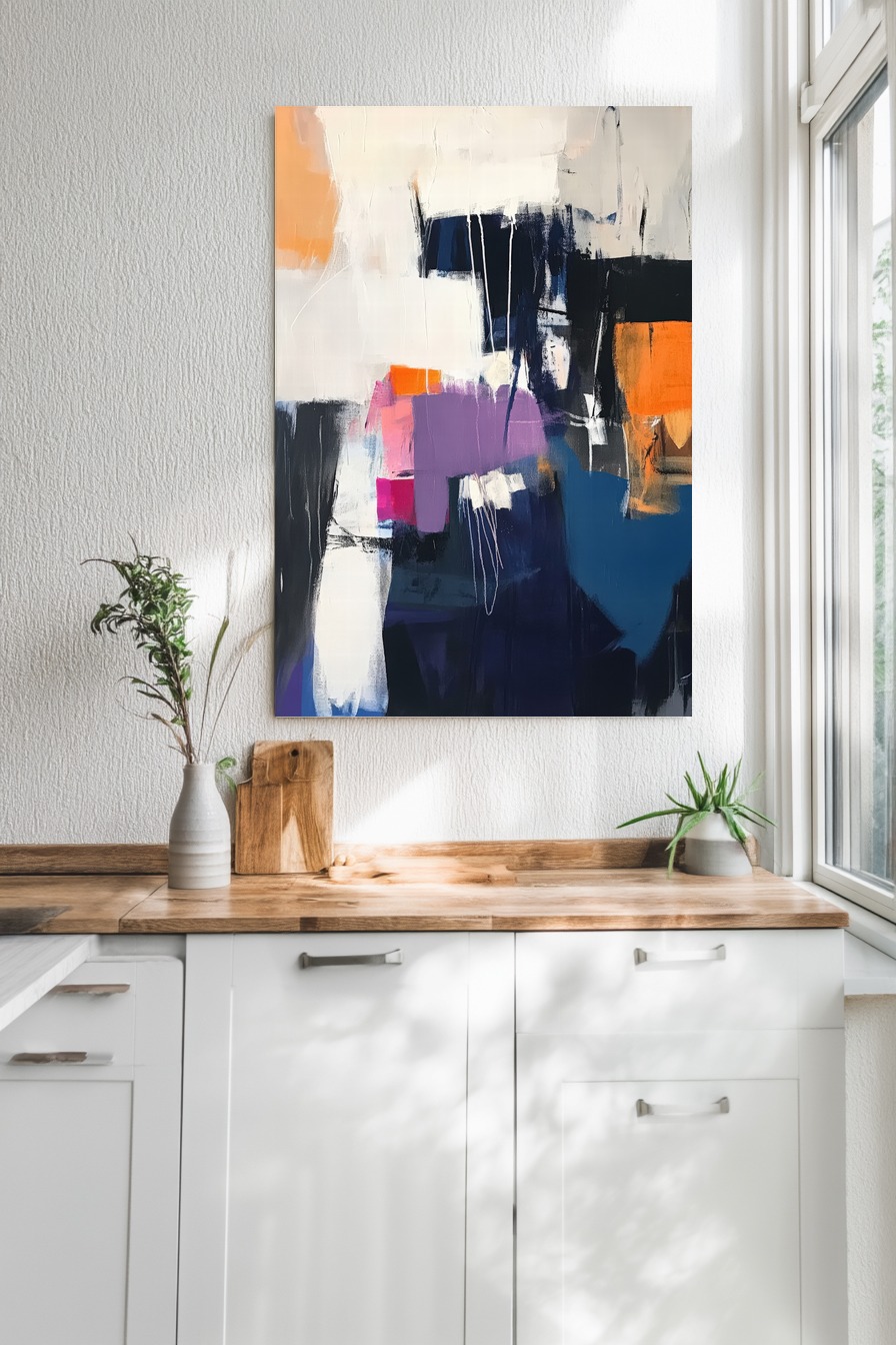 Abstraktes Poster mit Farbflächen in Orange, Violett und Blau, moderne Komposition mit klaren Formen und Struktur