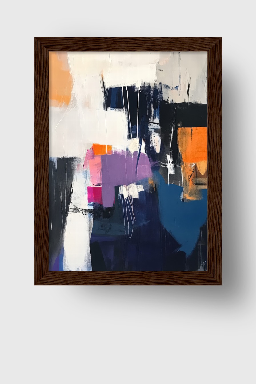 Abstraktes Poster mit Farbflächen in Orange, Violett und Blau, moderne Komposition mit klaren Formen und Struktur