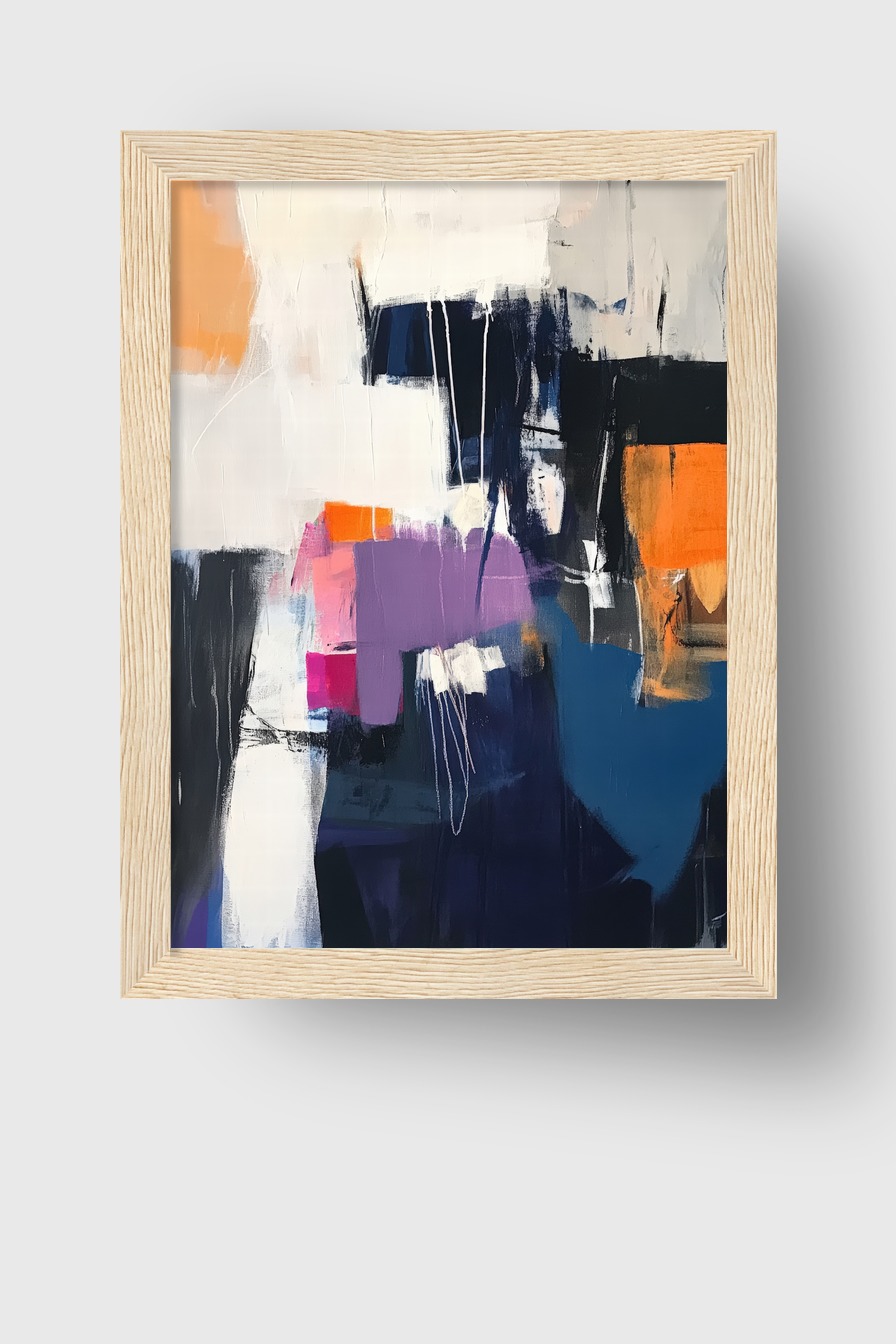 Abstraktes Poster mit Farbflächen in Orange, Violett und Blau, moderne Komposition mit klaren Formen und Struktur