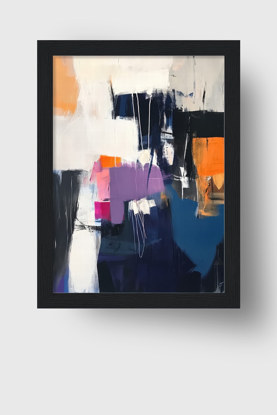 Abstraktes Poster mit Farbflächen in Orange, Violett und Blau, moderne Komposition mit klaren Formen und Struktur