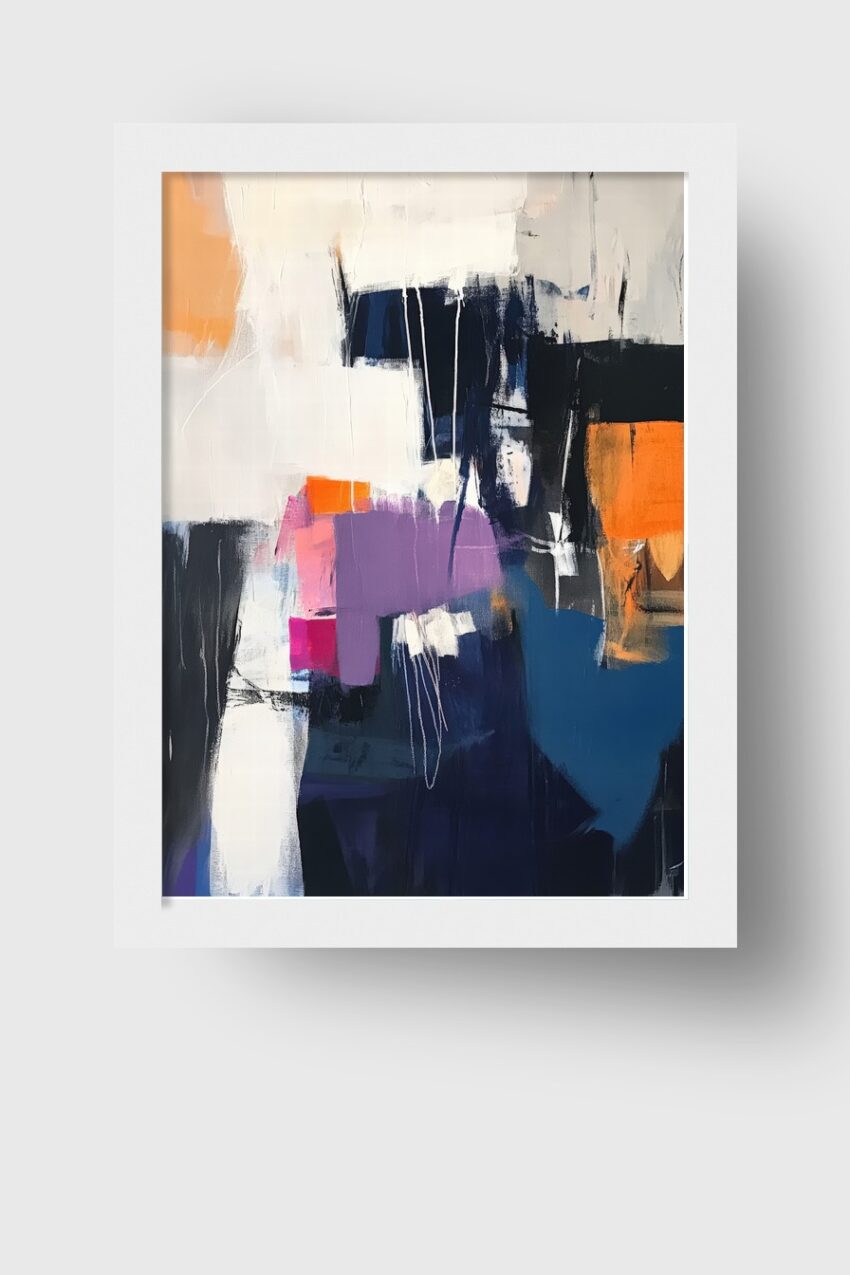 Abstraktes Poster mit Farbflächen in Orange, Violett und Blau, moderne Komposition mit klaren Formen und Struktur