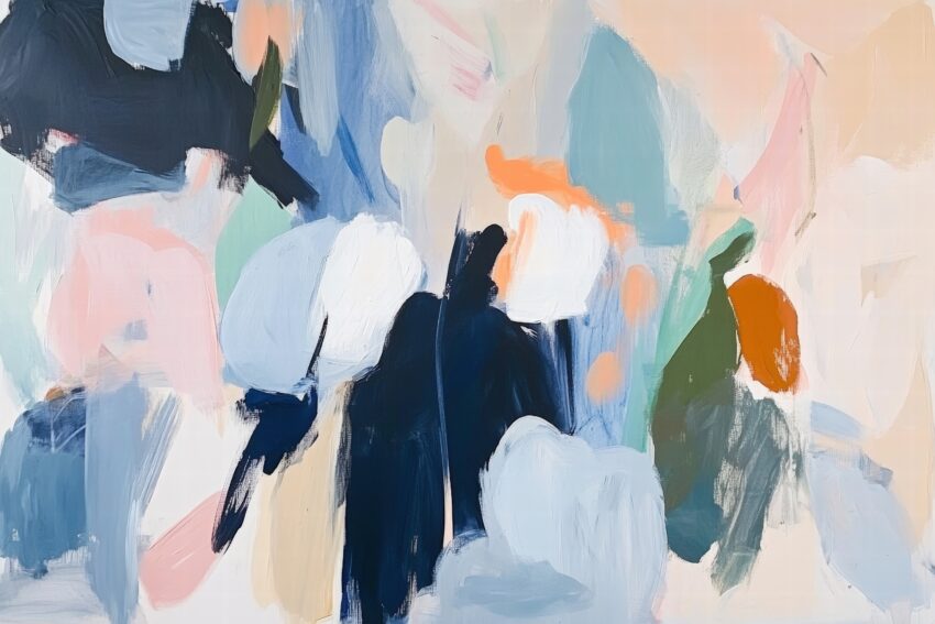 Abstrakter Kunstdruck mit weichen Farbfeldern in Pastell und Blau als Poster, moderner abstrakter Kunstdruck mit Struktur