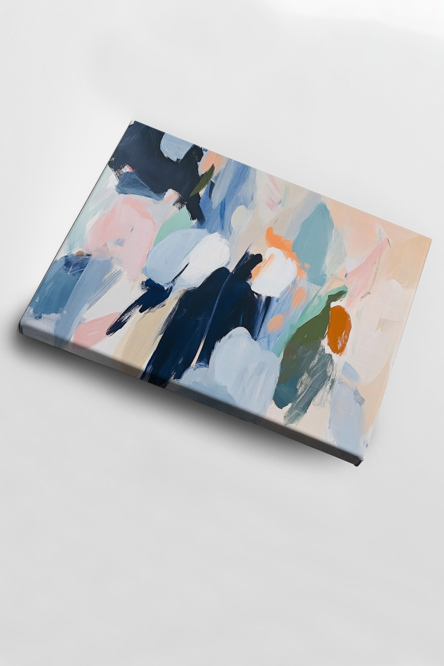 Abstrakter Kunstdruck mit weichen Farbfeldern in Pastell und Blau als Poster, moderner abstrakter Kunstdruck mit Struktur